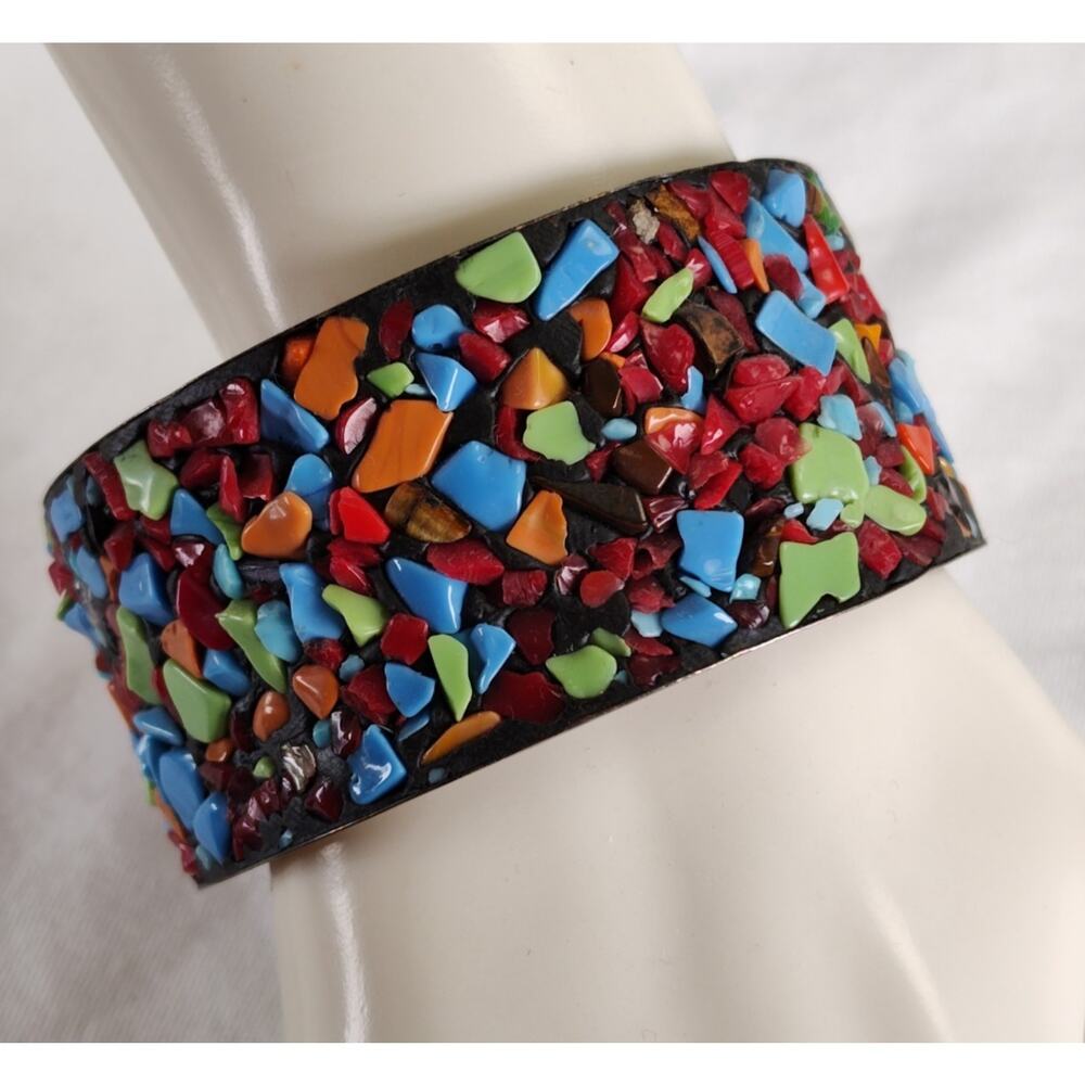 Artisan Mosaic Inlay Cuff Bracelet Wide Multicolor Boho Statement Bangle